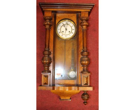 Early 20th century Vienna walnut cased drop trunk wall clock, 68cm 