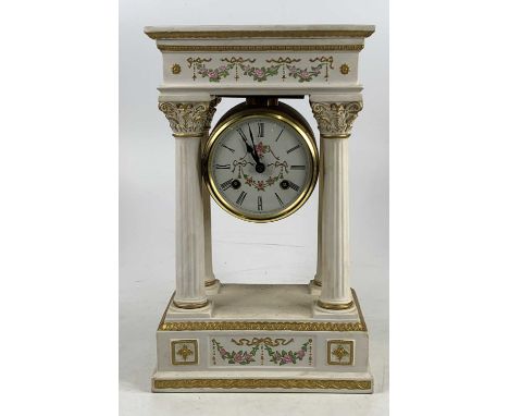 An early 20th century continental painted bisque portico clock, having unsigned painted white enamel dial and cylinder moveme