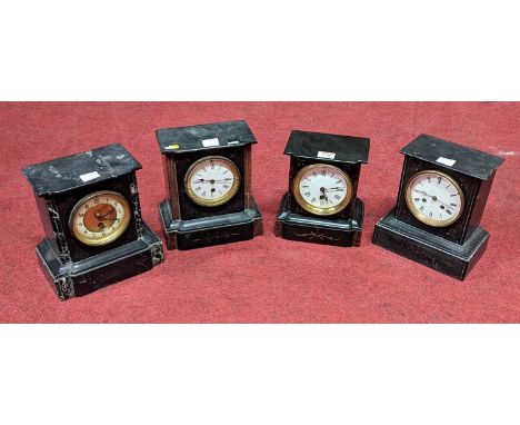 A late Victorian polished black slate and rouge marble inset black mantel clock having white enamel dial, French brass cylind