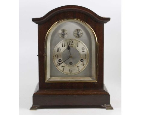 An early 20th century mahogany cased musical bracket clock having three train striking and chiming movement, height 37cm