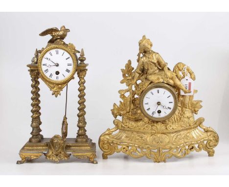 A late 19th century French gilt metal mantel clock, having eight-day brass cylinder movement, h.30cm; together with two other