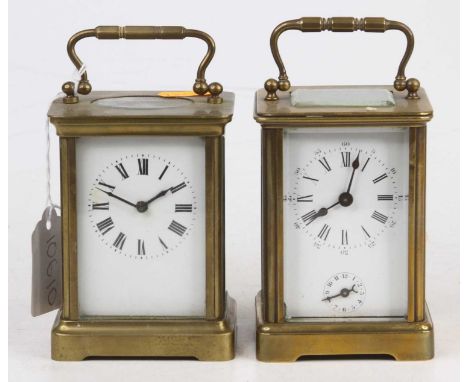 An early 20th century French lacquered brass carriage clock, with visible platform escapement, h.12cm; together with another 