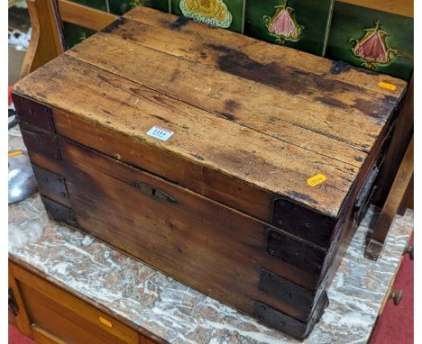 A 19th century stained and boarded pine and further iron mounted hinge topped tool chest, width 51.5cm