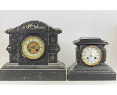 A late Victorian slate mantel clock having unsigned white enamel dial, height 21cm, together with one other, two ebonised woo