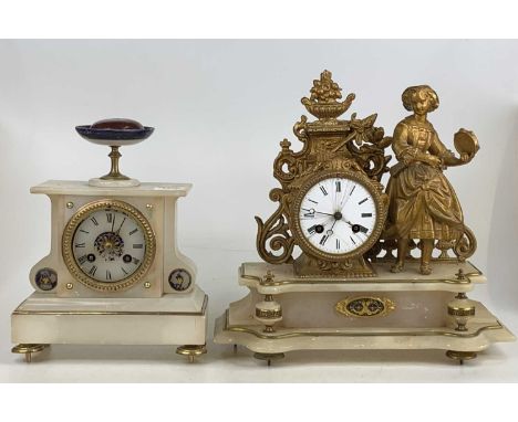 A circa 1900 alabaster and gilt metal mantel clock (re-gilded), the white enamel dial flanked by a standing couple in period 