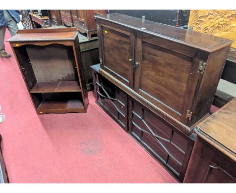 A 19th century mahogany double door hanging wall cupboard, converted from former piece of furniture, width 112cm, together wi