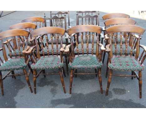 *A set of six Country Seat Benchair carver chairs, with part overstuffed seats and four various dining chairs with comb backs