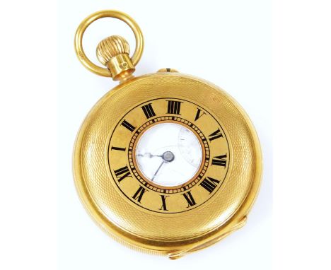 An 18ct gold half hunter pocket watch, with part engine turned and stencilled Roman numeric outer case, with hook top, reveal