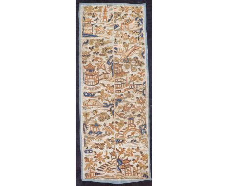 A Chinese Qianlong period silk port shoulder decoration or double epaulette, decorated with buildings and flowers, raised wit