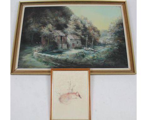 Ted Dyer (20thC). Scene near Trelowarren Mills, oil on canvas, signed, 60cm x 91cm, and a print fox study. (2)
