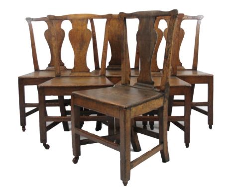 A set of late 18thC elm and oak Chippendale revival country chair, each with hour glass splats, ear and comb top rails and sh