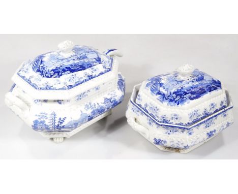 A graduated pair of late 19thC Opaque China Lumese Marine tureens, of octagonal outline, one with ladle, 26cm high.  (2)
