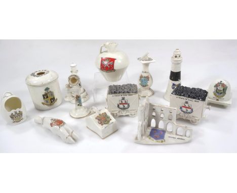 Various souvenir crested china, to include a Truck Of Coal From Skegness Willow Art, 7cm high, another similar, Goss large Ro