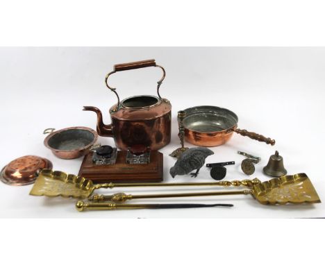 Various metal ware, collectables, etc., a copper kettle of oval outline, 34cm high, various pans, serving pieces, companion s