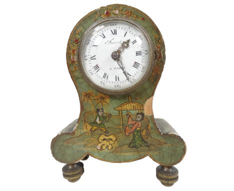 A late 19thC French Japanned balloon mantel clock, the 5cm dia. enamel dial with Roman numeric and Arabic numerals, signed Fu