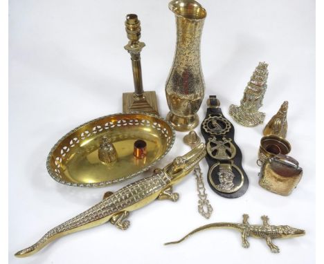 Various brass ware, comprising of a crocodile nut cracker, 39cm wide, smaller crocodile, ship, vase, horse brasses, oval dish