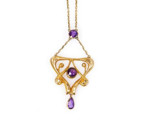 An Edwardian 9ct gold and amethyst Art Nouveau drop pendant, 4cm high, attached to a later slender link chain, 4½g all in.