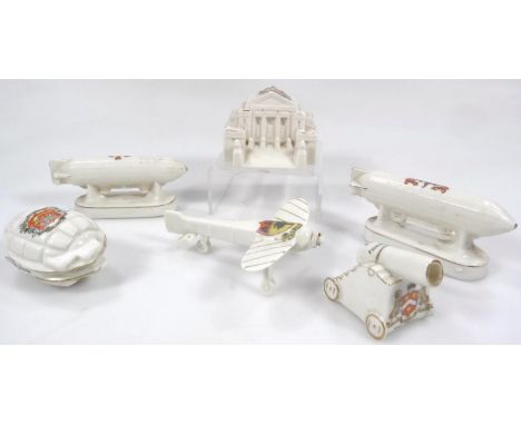 Various souvenir crested china, to include repinned hand grenade, 9cm high, Tunbridge Wells Arcadian air ship, Savoy China, A