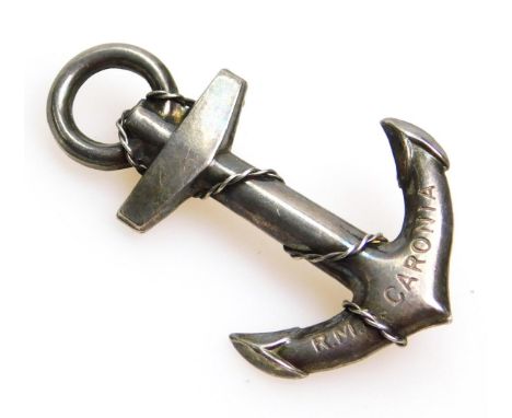 An R M Cronia sweetheart brooch, formed as an anchor, with ring top, and  entwined stem, marked sterling, 4cm high.