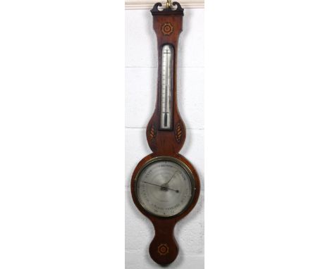 A 19thC mahogany and boxwood strung Sheraton Revival two dial banjo barometer, the main silvered 19cm dia. dial signed Rival 