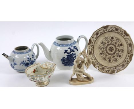 Various porcelain, to include a shell shaped dish polychrome decorated with exotic bird and trees, a late 18thC blue and whit
