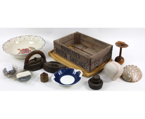 Bygones, collectables, etc, a Mountain's Boston Sausage box, 34cm wide, a Kenrick iron, weights, ink pot, a nacre style shell