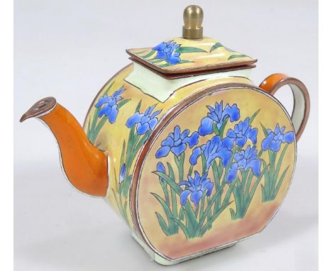 A Charlotte Di Vita numbered edition enamel teapot, polychrome decorated with summer flowers predominately in blue, green and