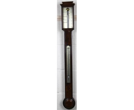 An early 19thC flame mahogany stick barometer, with a pedimented top, the 9cm wide silvered top dial signed Carey, London, ab