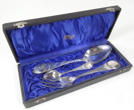 A Danish cutlery trio, Copenhagen, Tower mark, 1914, by Christian F Heise, comprising 19cm wide fork, spoon and teaspoon, eac