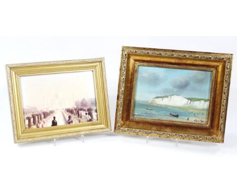 •Digby Page (b. 1945). The White Cliffs of Dover, oil on board, signed, 13cm x 17cm, and a print of the Taj Mahal on card. (2