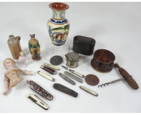 Bygones, collectables, etc., bisque shoulder doll, 13cm high, stoneware bottle, oriental figure, corkscrew, various pen knive