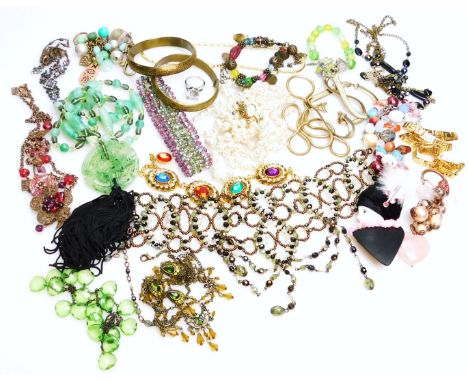 Various costume jewellery, beads, necklaces, faux jade pendant of pierced circular outline, 6cm dia., other beads, etc. (a qu