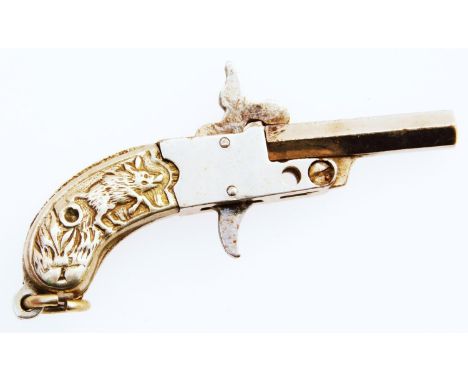 A 20thC pistol shaped pendant, with hook top and repousse decorated handle, decorated with hunting scene, wild boar, etc., an