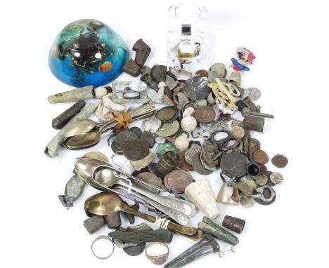 A compass style fob watch, marked Omega, 5cm high, paperweight, various flat ware, Beatrix Potter brooch, coins, etc.  (a qua