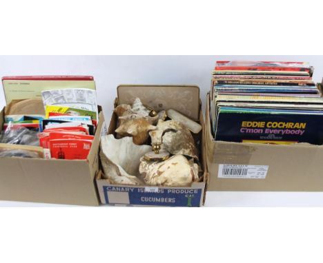 Bygones, collectables, records 45rpm Lonnie Donegan, Acker Bilk, quantity of various shells, petty point dressing table set, 