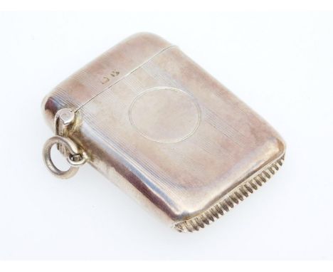 A George V silver vesta case, partially engine turned with match strike base and ring side handle, Birmingham 1920, 5cm high,