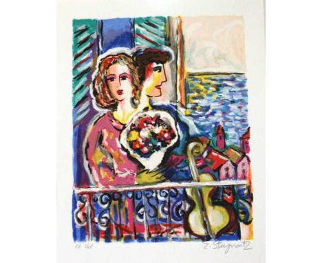 Couple On Balcony - Zamy Steynovitz Artist Proof, 7/65  - Mounted 25x30cmZamy Steynovitz was born in Liegnitz, Poland in 1951