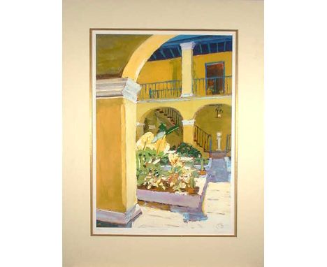 Yellow Courtyard - Jeremy Sanders Limited Edition No 42/250  - Mounted 53x70cmBorn in South Wales in 1969, Jeremy studies at 