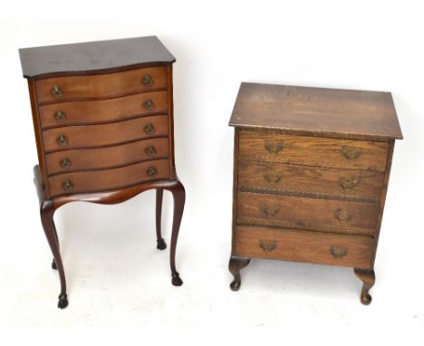 A 1920s mahogany serpentine chest of small proportions, with an arrangement of five drawers, on cabriole legs, height 86cm, w
