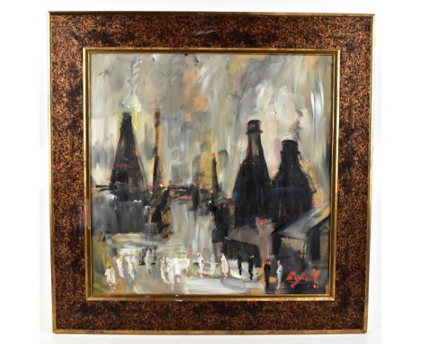 FREDERICK JOHN ENGLAND (born 1939); acrylic on board, 'Smoky City', signed and dated 21, 45 x 45cm, framed. This was exhibite