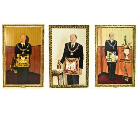 MASONIC INTEREST; three oils on canvas, by K Knight, depicting portraits of RW Bro Guy Patrick Rudgard and the Right Honourab
