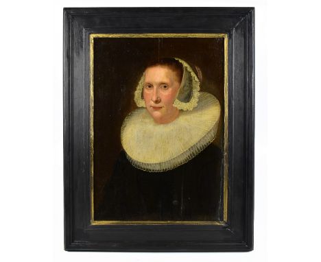 17TH CENTURY ENGLISH SCHOOL; oil on panel, portrait of a lady wearing a lace bonnet and ruff, 54 x 38.5cm, framed.&nbsp;Addit