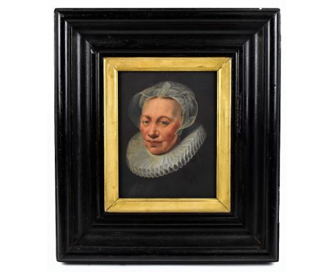 ENGLISH SCHOOL; oil on oak panel, 17th century style portrait of a lady in a lace bonnet with a white ruff, 22.5 x 16cm, fram