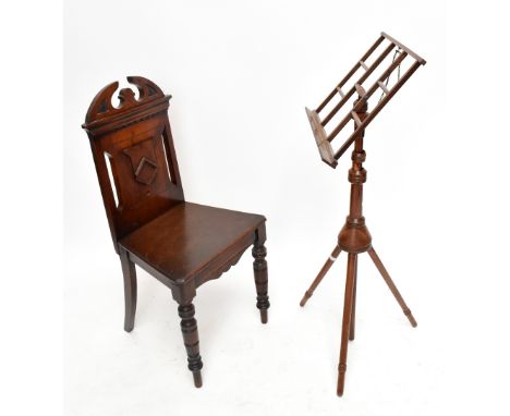 A Wheeldon's Patent adjustable musical stand, on tripod base, height 103cm, with an Edwardian mahogany hall chair (2).