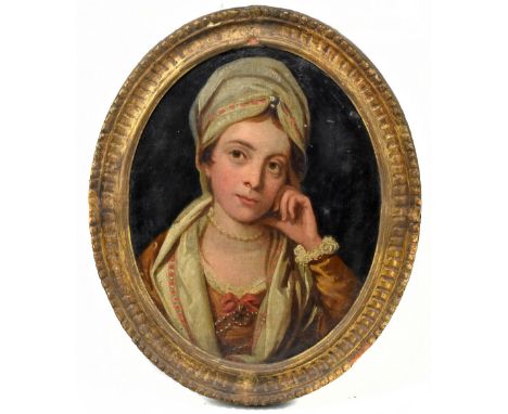 19TH CENTURY; oil on canvas, portrait of a maiden wearing a headdress, unsigned, 31 x 24cm.