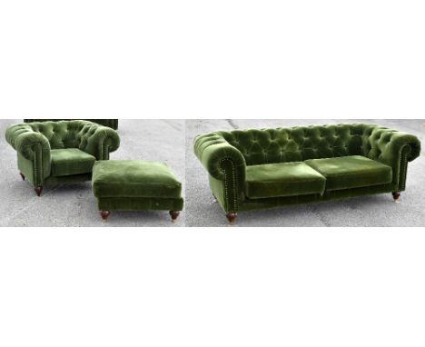 A modern vine green upholstered button back Chesterfield settee, length 214cm, and a matching armchair and footstool (3).Addi