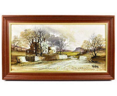 RONALD NORMAN FOLLAND; oil on canvas, landscape with farm, signed lower right, with Newquay Galleries label verso, 24 x 49.5c