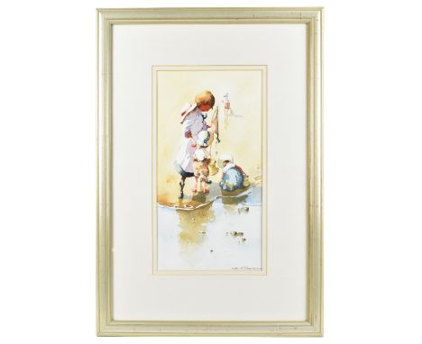 BERNARD MCDONALD (born 1944); watercolour, figures playing on a beach, signed lower right, 41 x 22cm, framed and glazed. (D)A