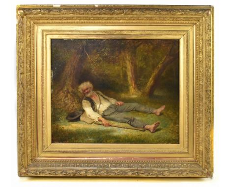 ANTONY SERRES (1828-1898); oil on wooden panel, traveller resting beside a tree, signed lower left, 37 x 45cm, in ornate gilt
