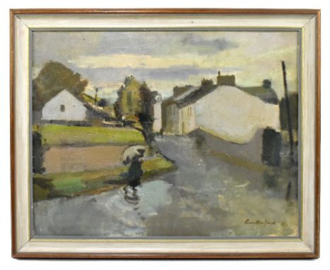 HARRY RUTHERFORD (1903-1985); oil on board, figure holding umbrella in street scene, signed, 34 x 45cm, framed. (D)Additional